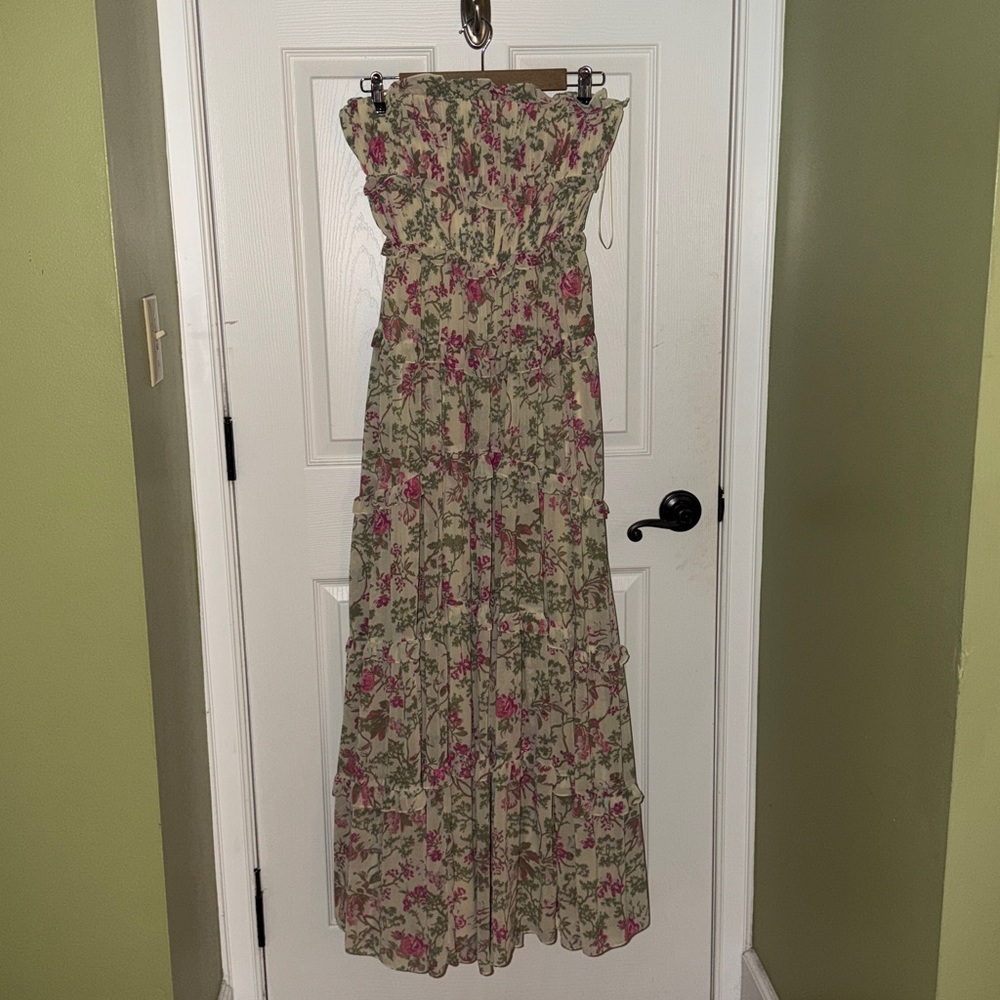BHLDN Floral Chiffon Strapless Ruched Tiered A-Line Midi Dress - Picture 5 of 9